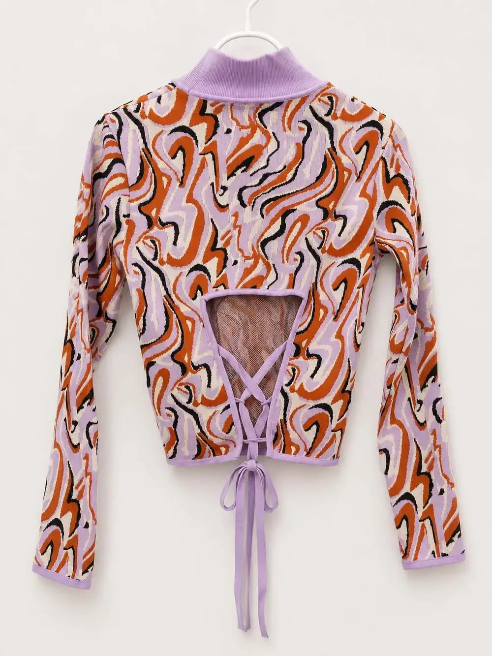 Boohoo Psychedelic Swirl Knit Crop Top Open Back Lace Up Y2K Retro Medium - Picture 3 of 7